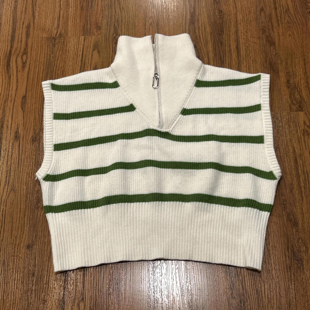 Maeve Sweater Vest Womens One Size Green Cream Striped 1/4 Zip Boxy Anthro Soft